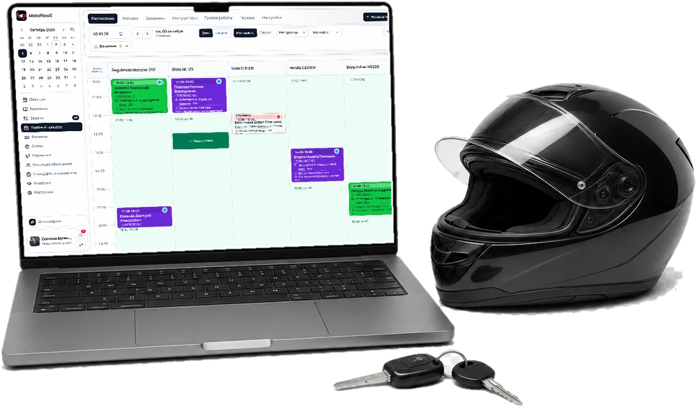 Ноутбук с расписанием MotoFlowX по мотоциклам, рядом мотошлем и ключи