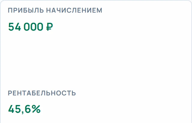Прибыль начислением 54 000 ₽, рентабельность 45,6%