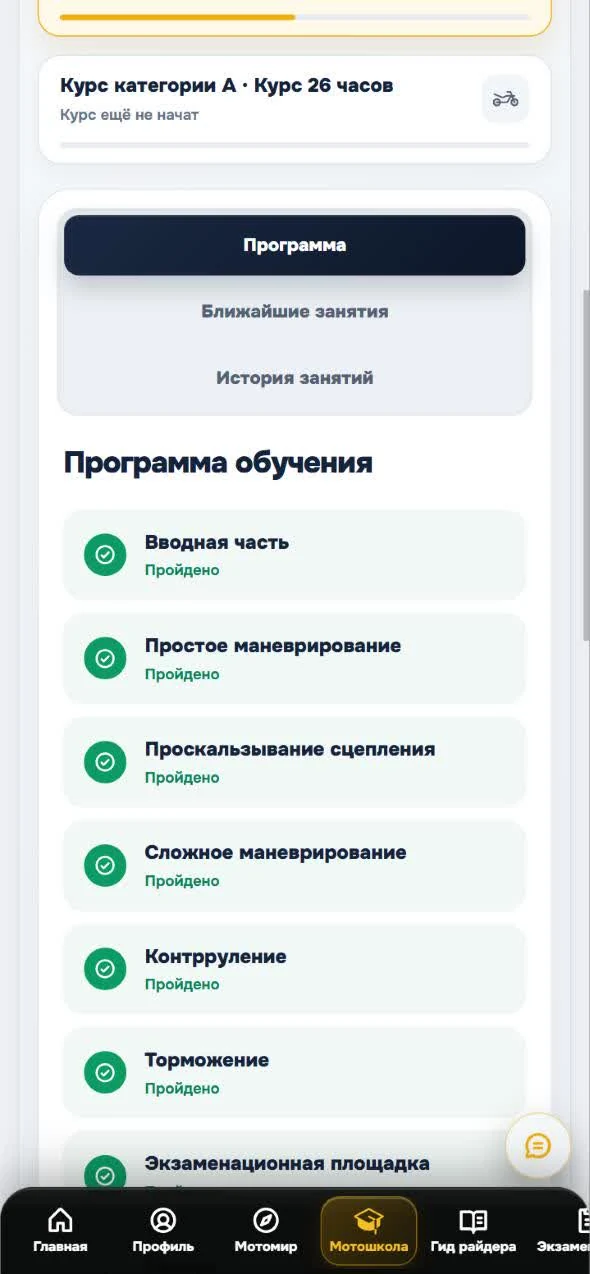 Программа обучения в MotoBT: этапы с отметками «Пройдено»
