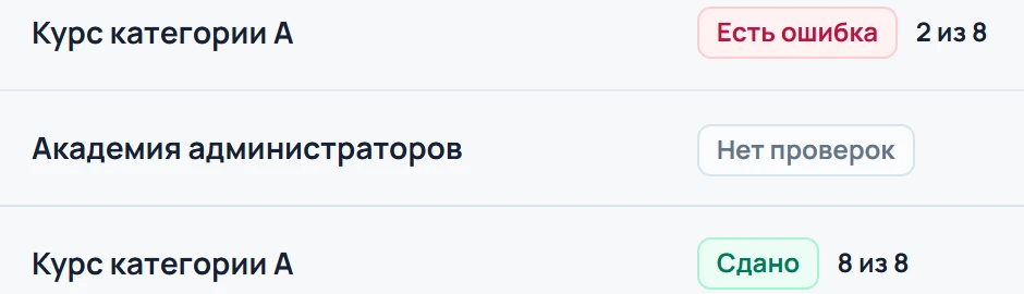 Проверки: «Есть ошибка», «Сдано 8 из 8»