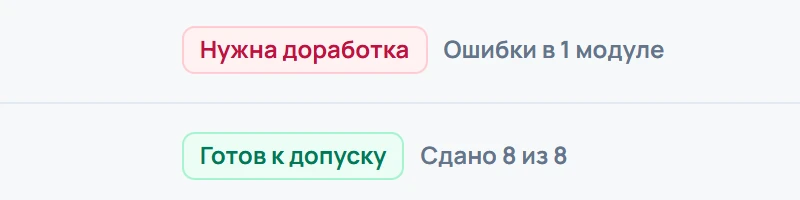 Итоги обучения: «Нужна доработка» и «Готов к допуску — сдано 8 из 8»